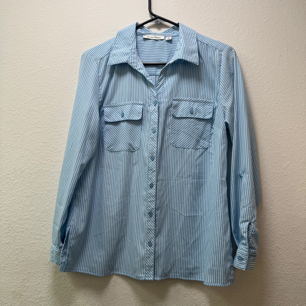 Studio Works Striped Blue Relaxed Fit Casual Shirt